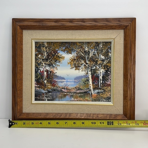 VINTAGE Oil on Canvas Painting Autumn Lake Scene Signed by Artist - Picture 10 of 12